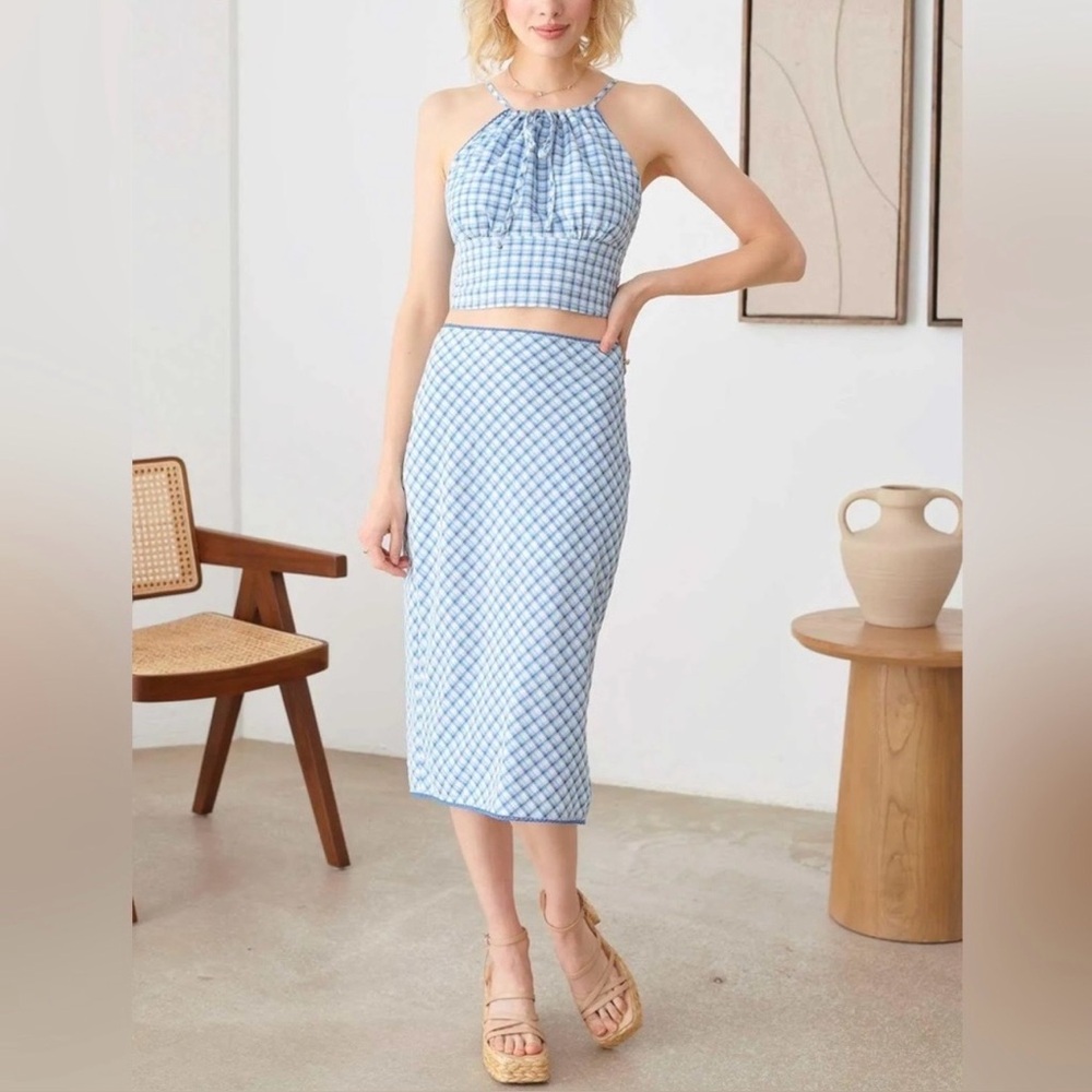 Le Lis Blue Plaid Halter Top and Lace Trim Midi Skirt with Side Slit Set - Picture 5 of 6